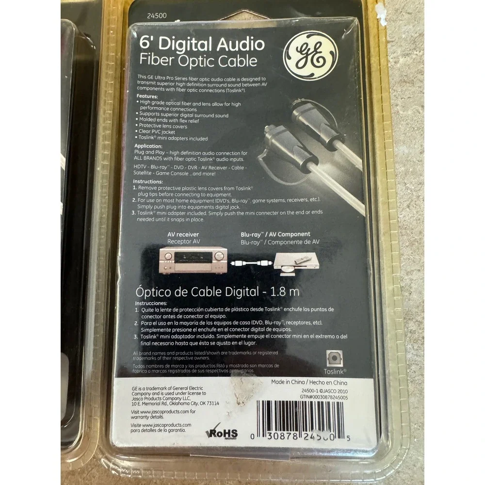 GE Ultra Pro 6ft Digital Audio Fiber Optic Toslink Cable 24500 Lot of 2 New